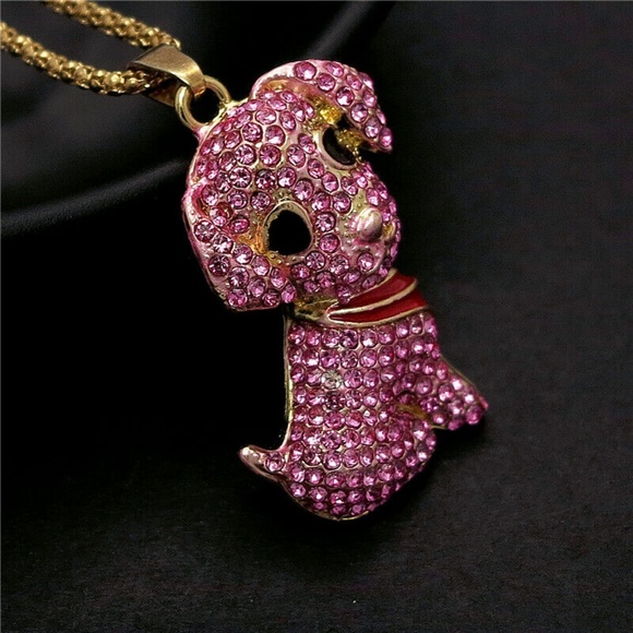Jewelry - Pink Rhinestone Dog Puppy Gold Necklace